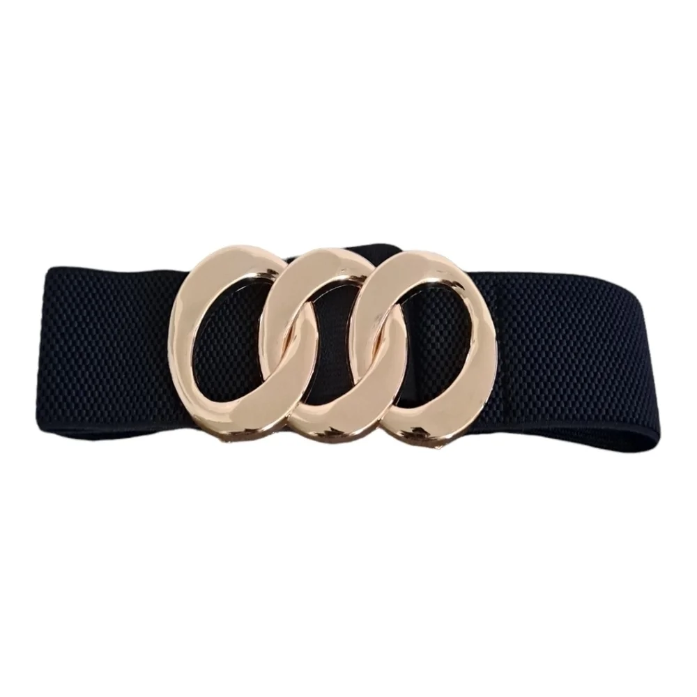 Black Stretch Wide Waist Belt Gold Triple Ring Buckle Elastic Classic Statement